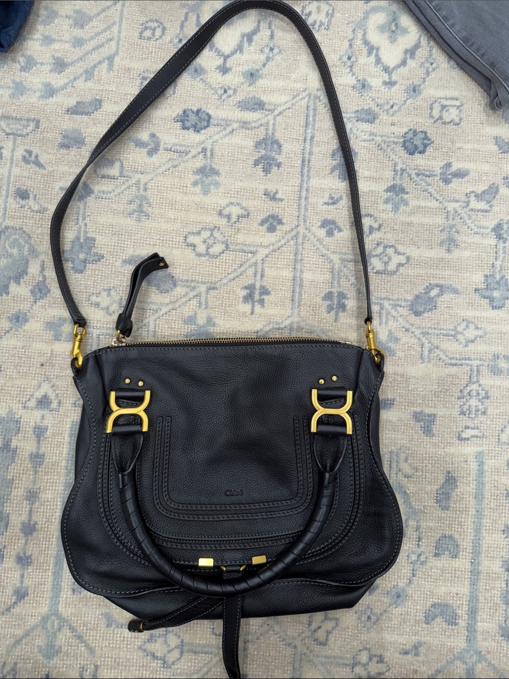 Chloe Black Pebbled Leather Shoulder Bag with Gold Hardware Accents